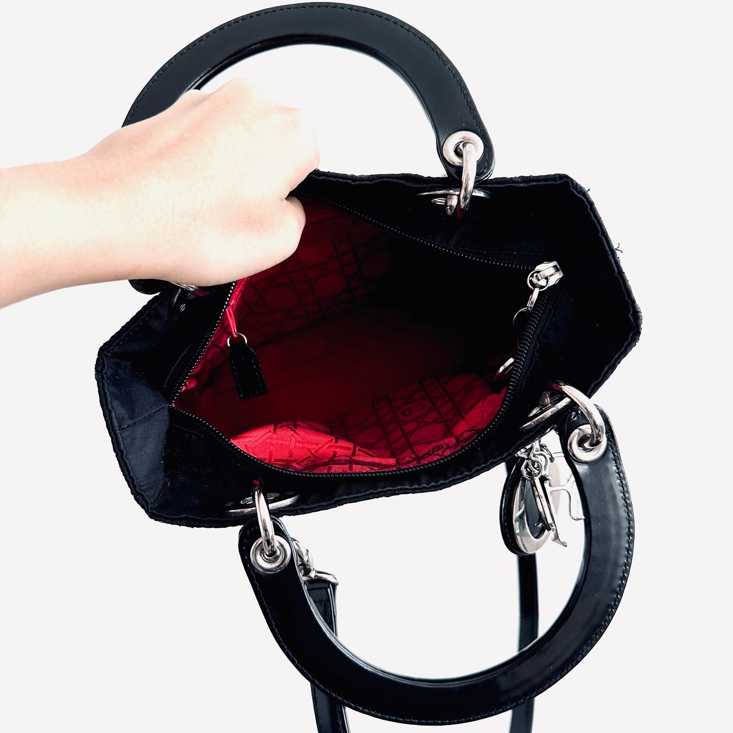 Christian Dior CD Medium Lady Dior 2-Way Black Cannage Quilted Fabric Top Handle Shopper Shoulder Sling Tote Bag