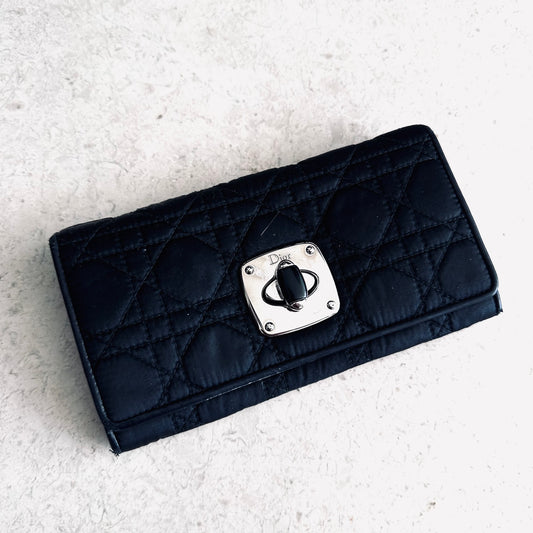 Christian Dior CD Lady Dior Charming Black Cannage Quilted Monogram Logo Nylon Flap Long Wallet