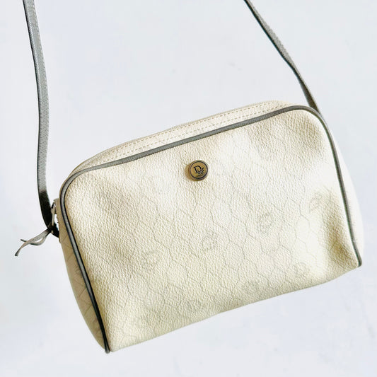Christian Dior CD White Honeycomb GHW Oblique Monogram Logo Zip Shoulder Sling Bag