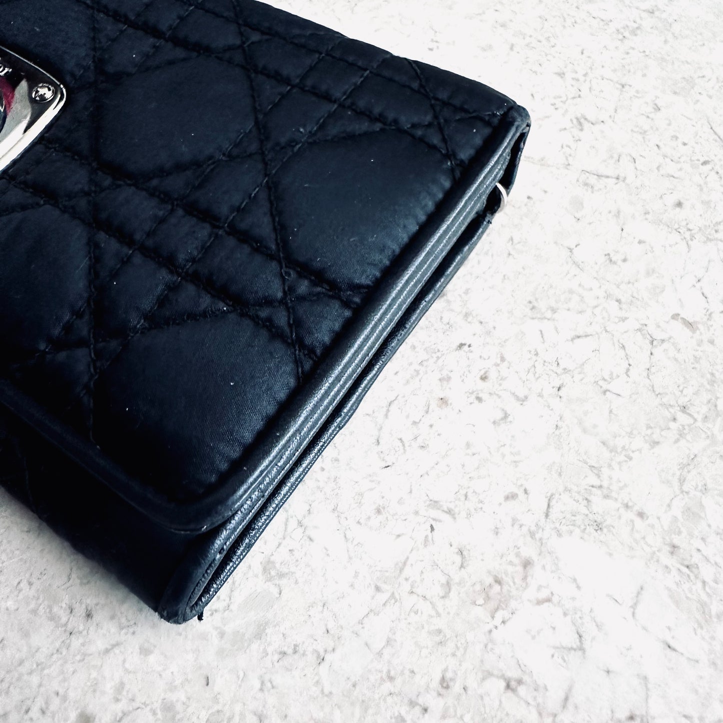 Christian Dior CD Lady Dior Charming Black Cannage Quilted Monogram Logo Nylon Flap Long Wallet