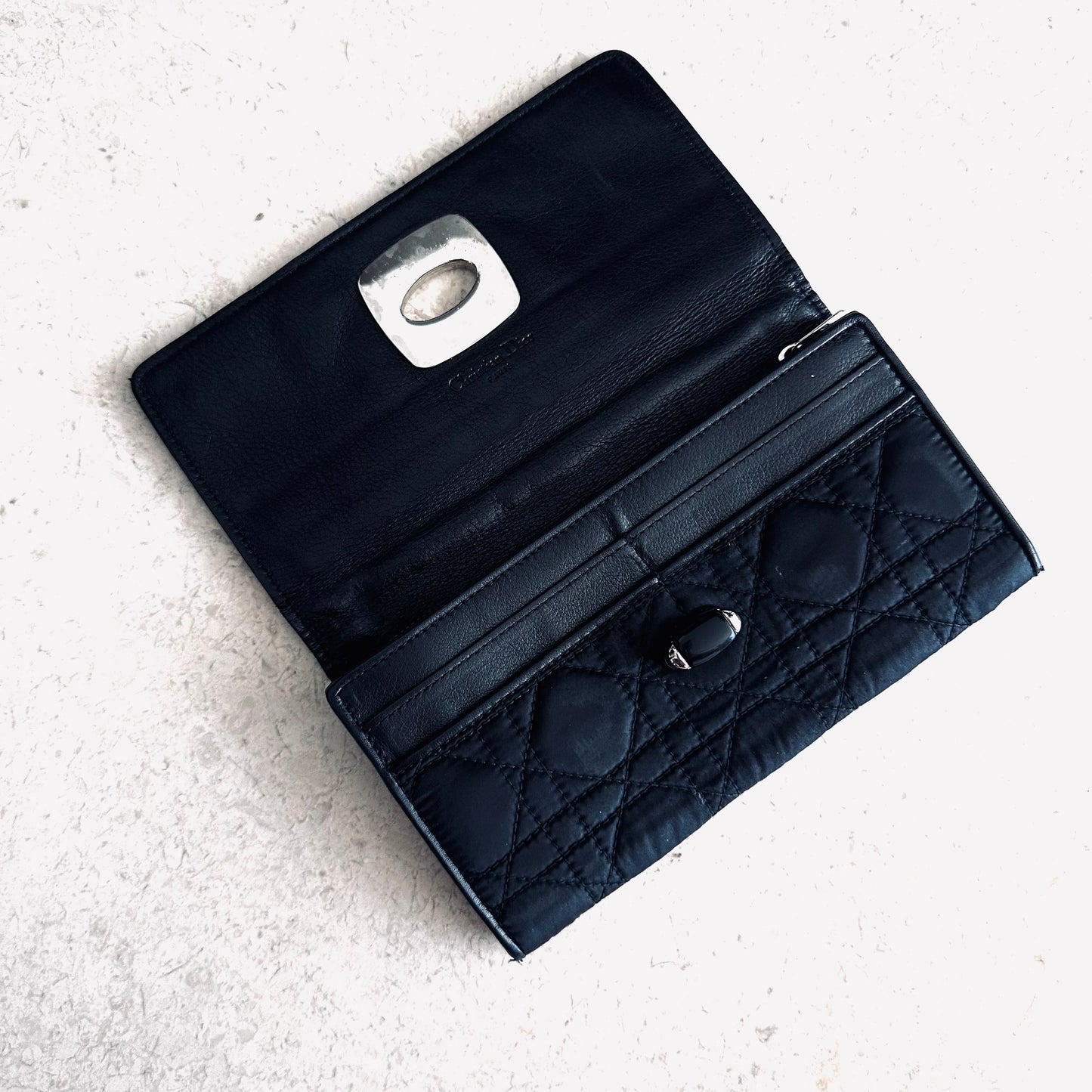 Christian Dior CD Lady Dior Charming Black Cannage Quilted Monogram Logo Nylon Flap Long Wallet