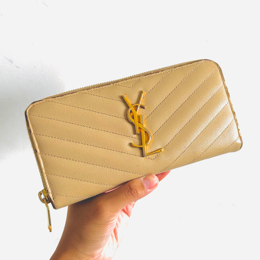 YSL Yves Saint Laurent Beige GHW Cassandre Grain De Poudre Leather Zippy Zip Around Long Wallet