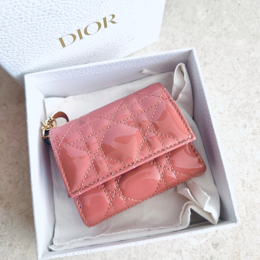 Christian Dior CD Lady Dior Pink GHW Cannage Quilted Patent Monogram Logo Charms Flap Compact Trifold Wallet
