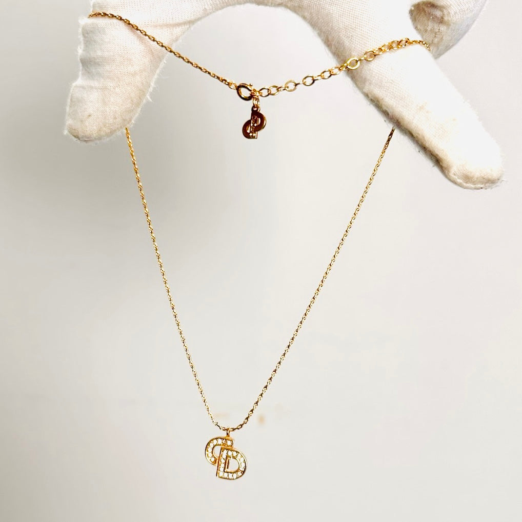 Christian Dior Giant Monogram Logo CD Gold & Crystals Necklace
