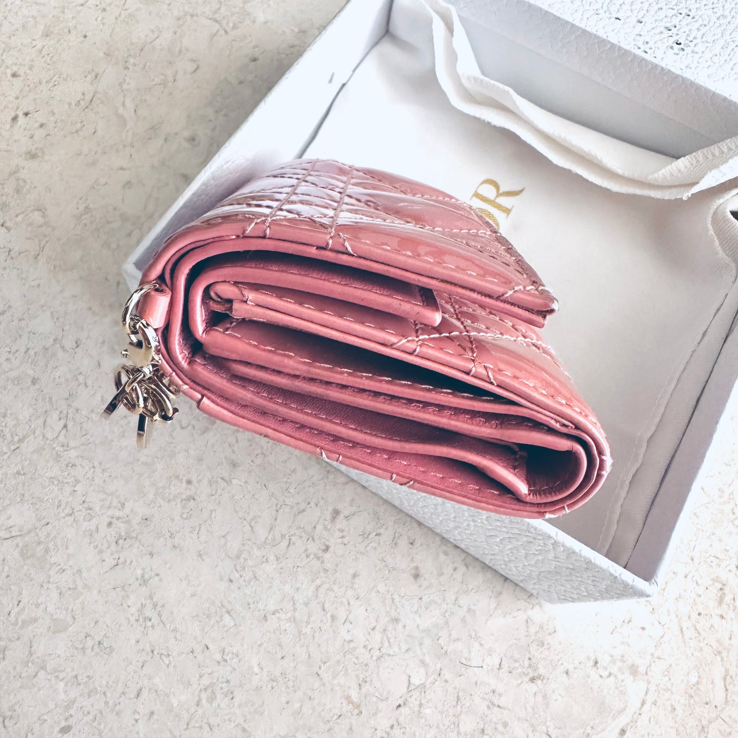 Christian Dior CD Lady Dior Pink GHW Cannage Quilted Patent Monogram Logo Charms Flap Compact Trifold Wallet
