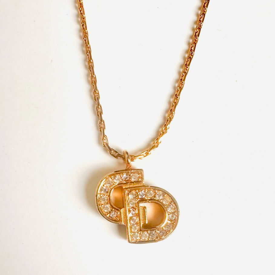 Christian Dior Giant Monogram Logo CD Gold & Crystals Necklace