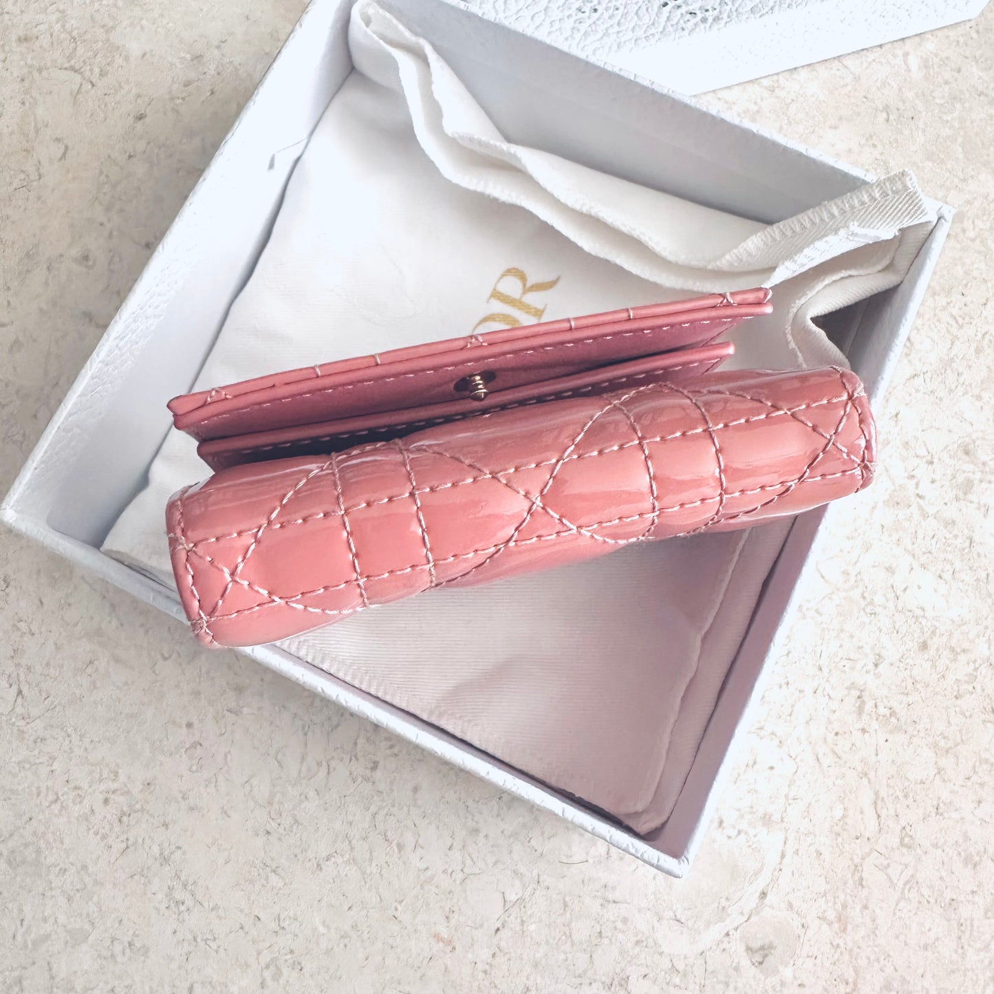 Christian Dior CD Lady Dior Pink GHW Cannage Quilted Patent Monogram Logo Charms Flap Compact Trifold Wallet
