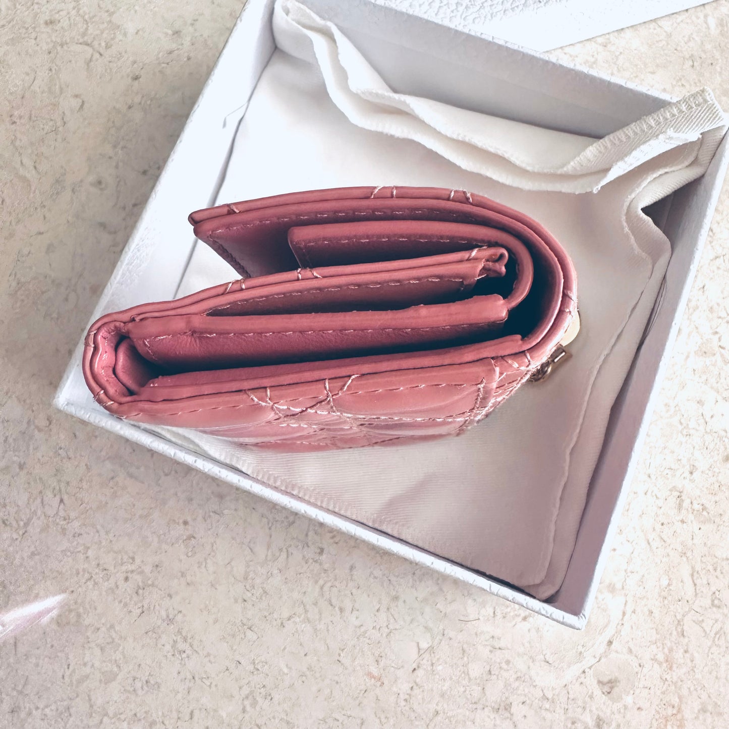 Christian Dior CD Lady Dior Pink GHW Cannage Quilted Patent Monogram Logo Charms Flap Compact Trifold Wallet