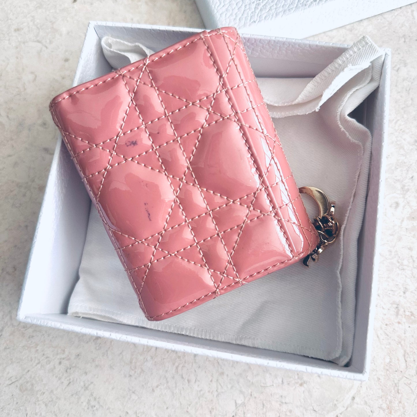 Christian Dior CD Lady Dior Pink GHW Cannage Quilted Patent Monogram Logo Charms Flap Compact Trifold Wallet