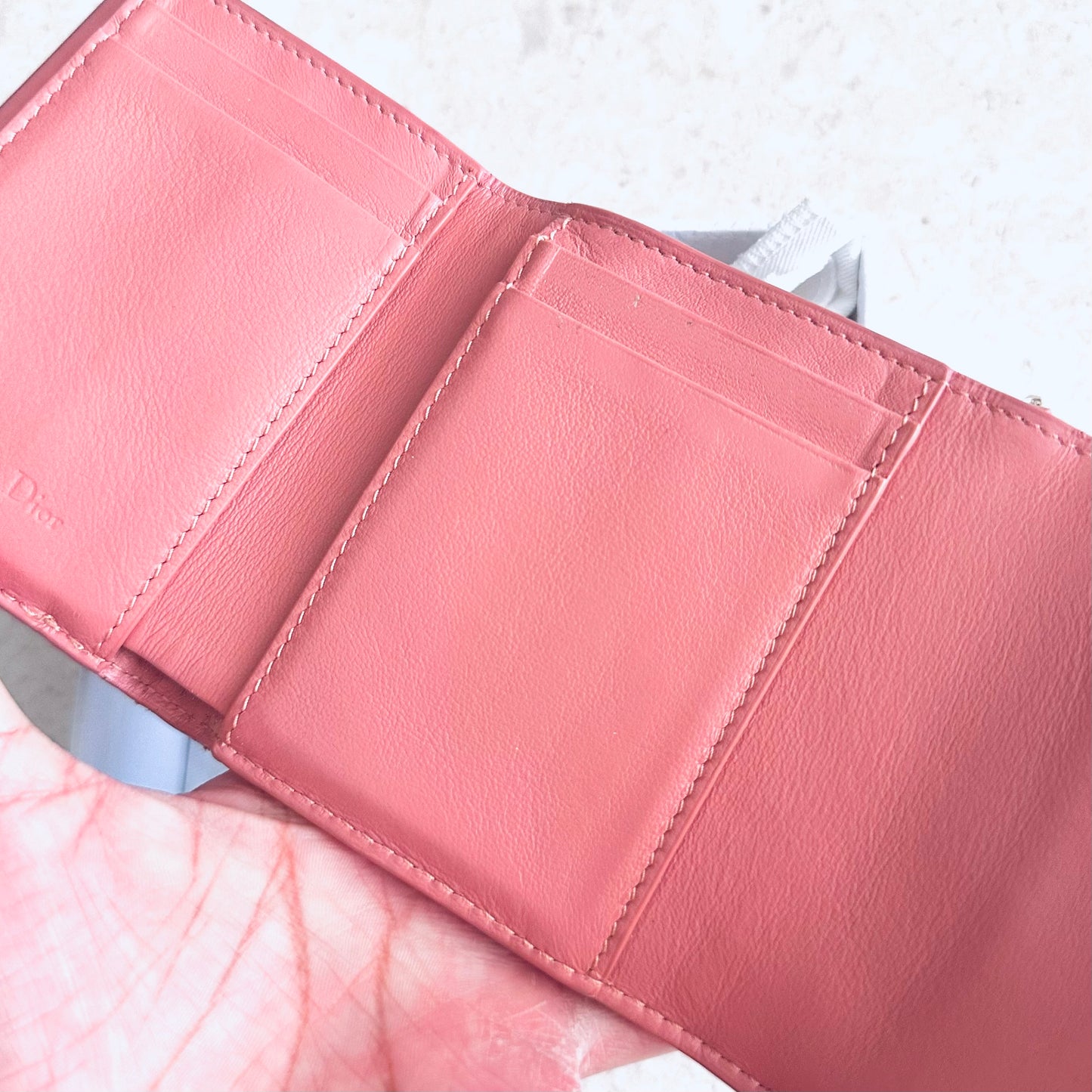 Christian Dior CD Lady Dior Pink GHW Cannage Quilted Patent Monogram Logo Charms Flap Compact Trifold Wallet