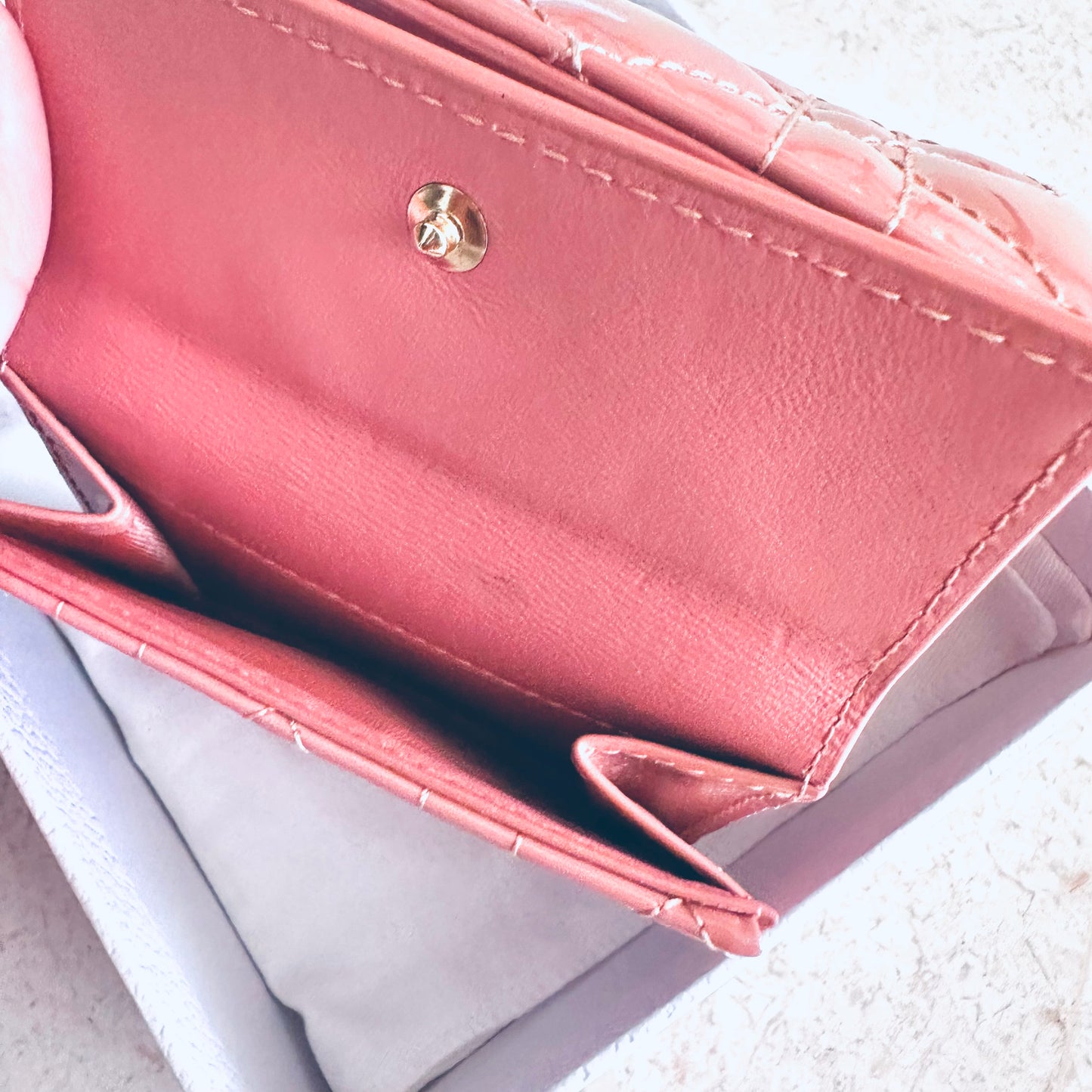 Christian Dior CD Lady Dior Pink GHW Cannage Quilted Patent Monogram Logo Charms Flap Compact Trifold Wallet