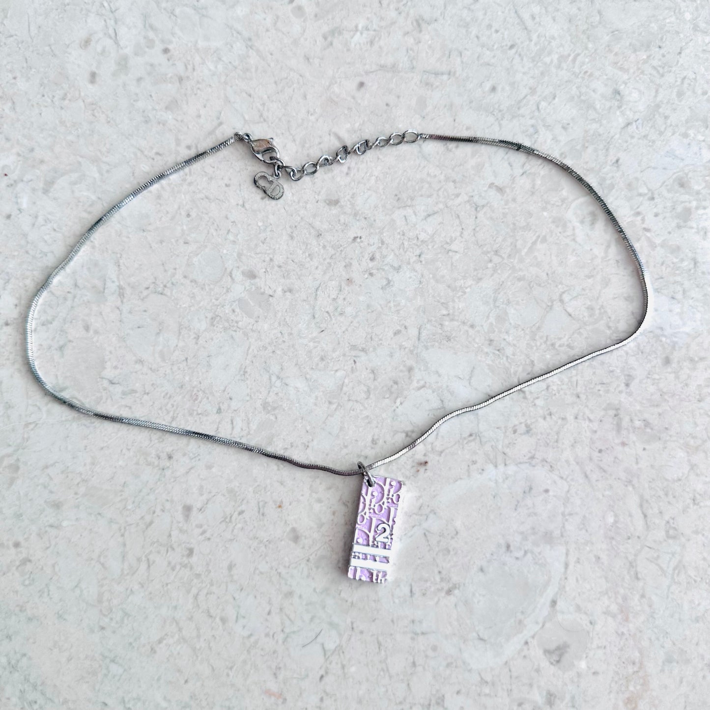 Christian Dior CD Pink Monogram Logo Tablet Silver Chain Necklace