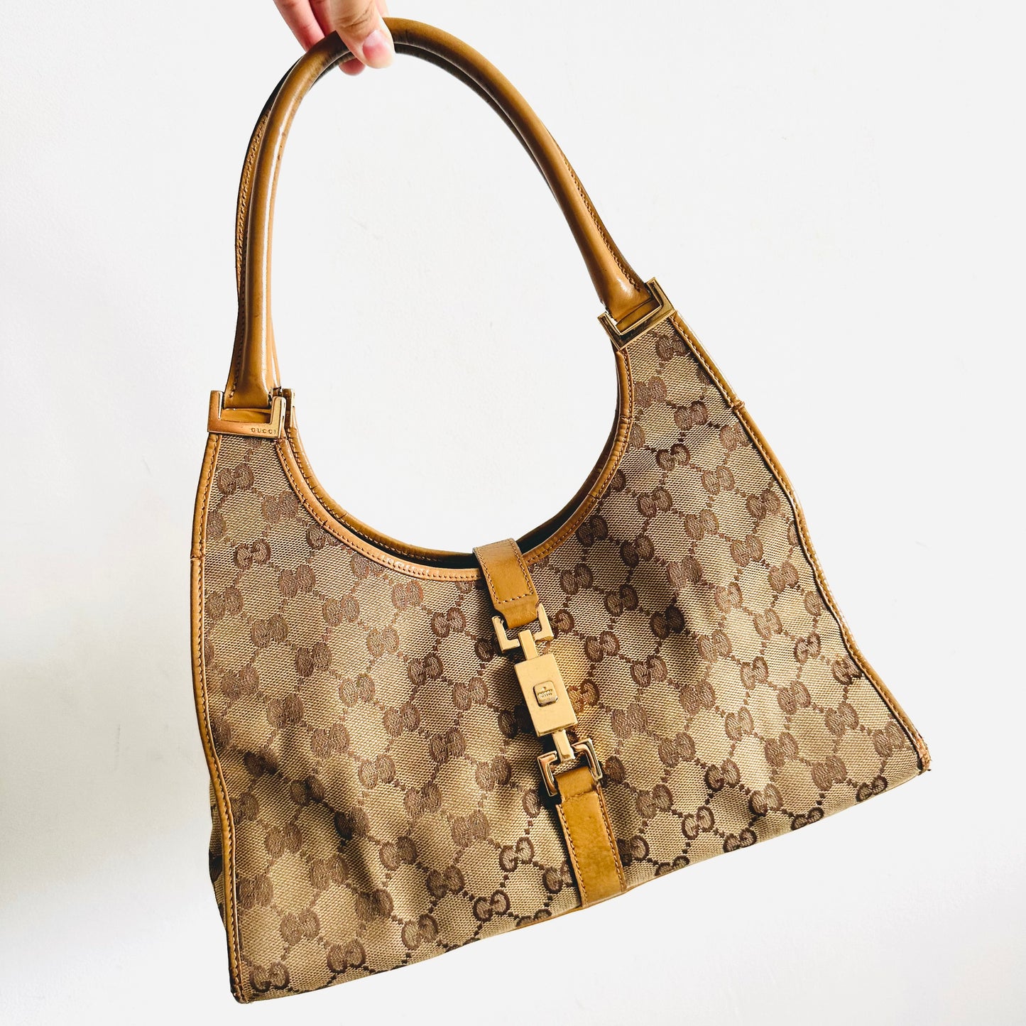 Gucci Beige / Caramel Brown GHW Jackie GG Monogram Logo Baguette Hobo Shoulder Bag