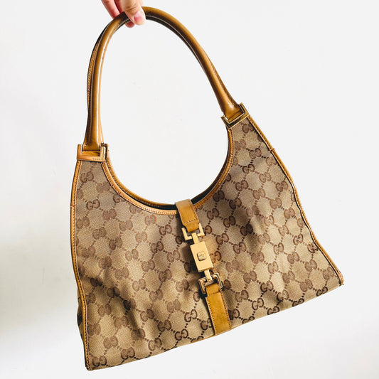 Gucci Beige / Caramel Brown GHW Jackie GG Monogram Logo Baguette Hobo Shoulder Bag