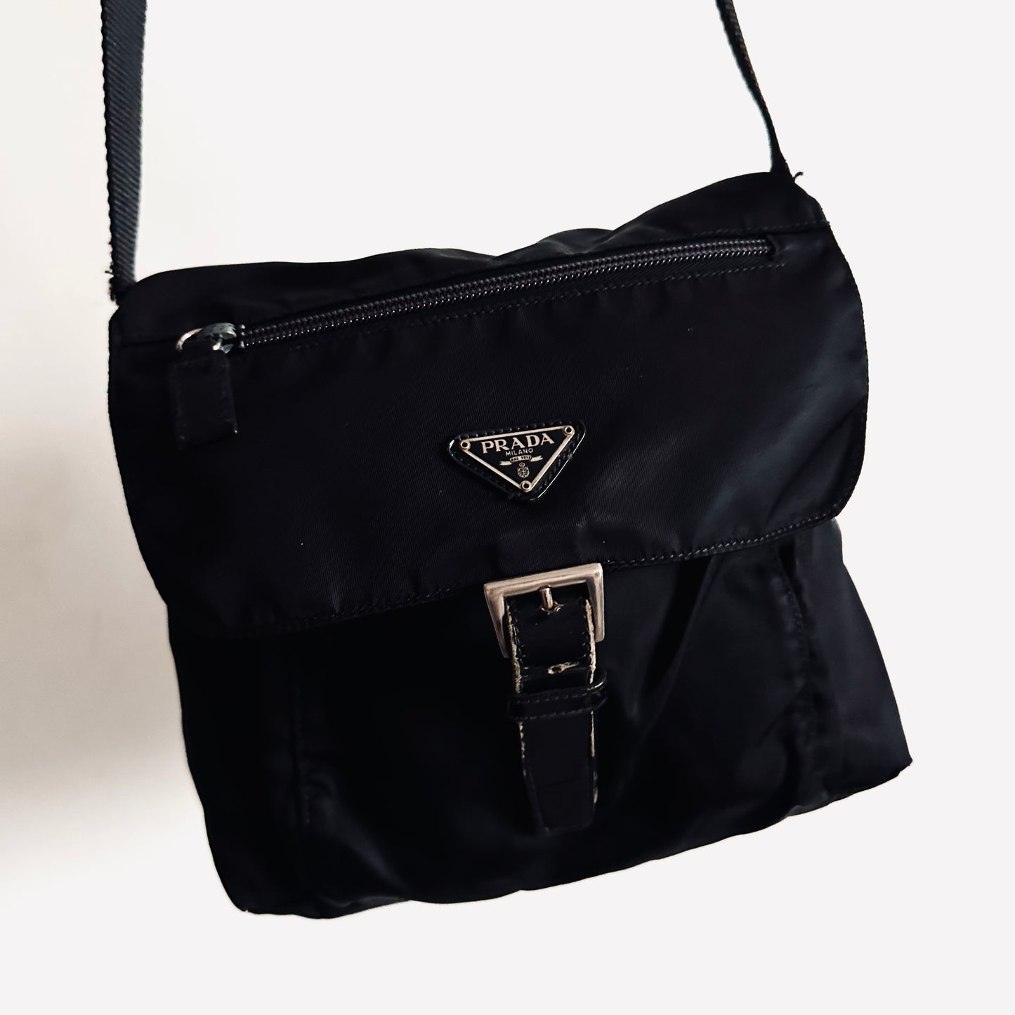 Prada Black Tessuto Logo Classic Nylon & Leather Flap Shoulder Sling Bag