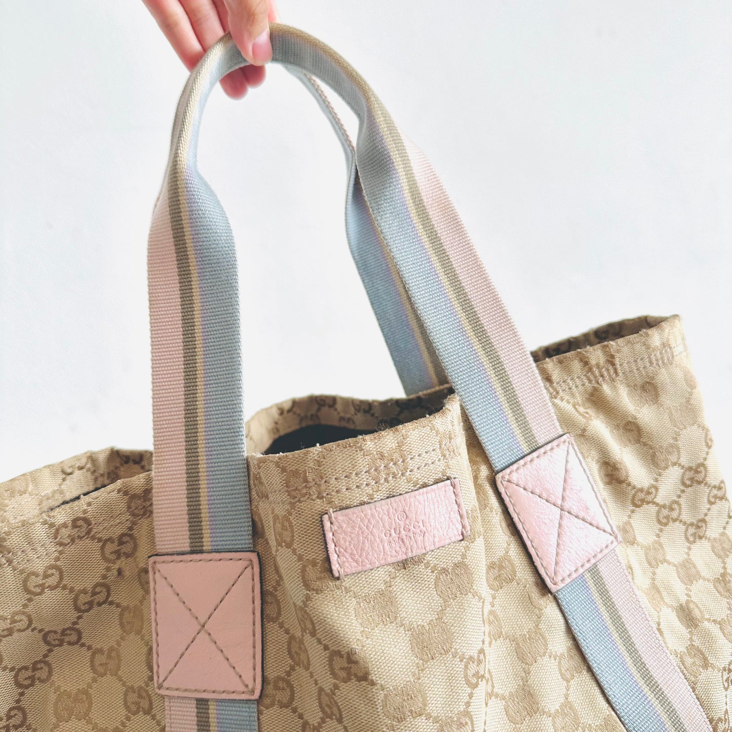 Gucci Beige / Pink Supreme Web Striped Straps GG Monogram Logo Shopper Shoulder Tote Bag