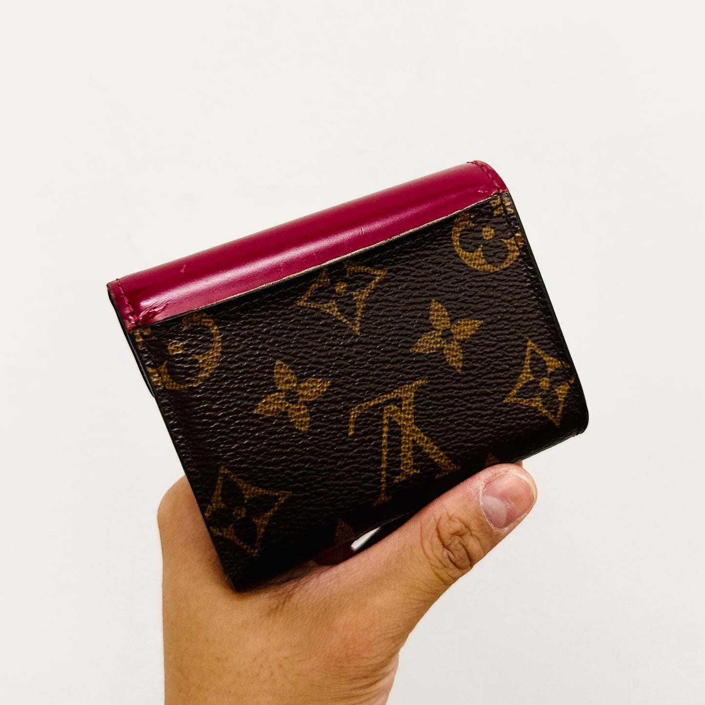 Louis Vuitton LV Zoe Monogram Logo & Fuchsia Leather GHW Classic Logo Flap Compact Trifold Wallet