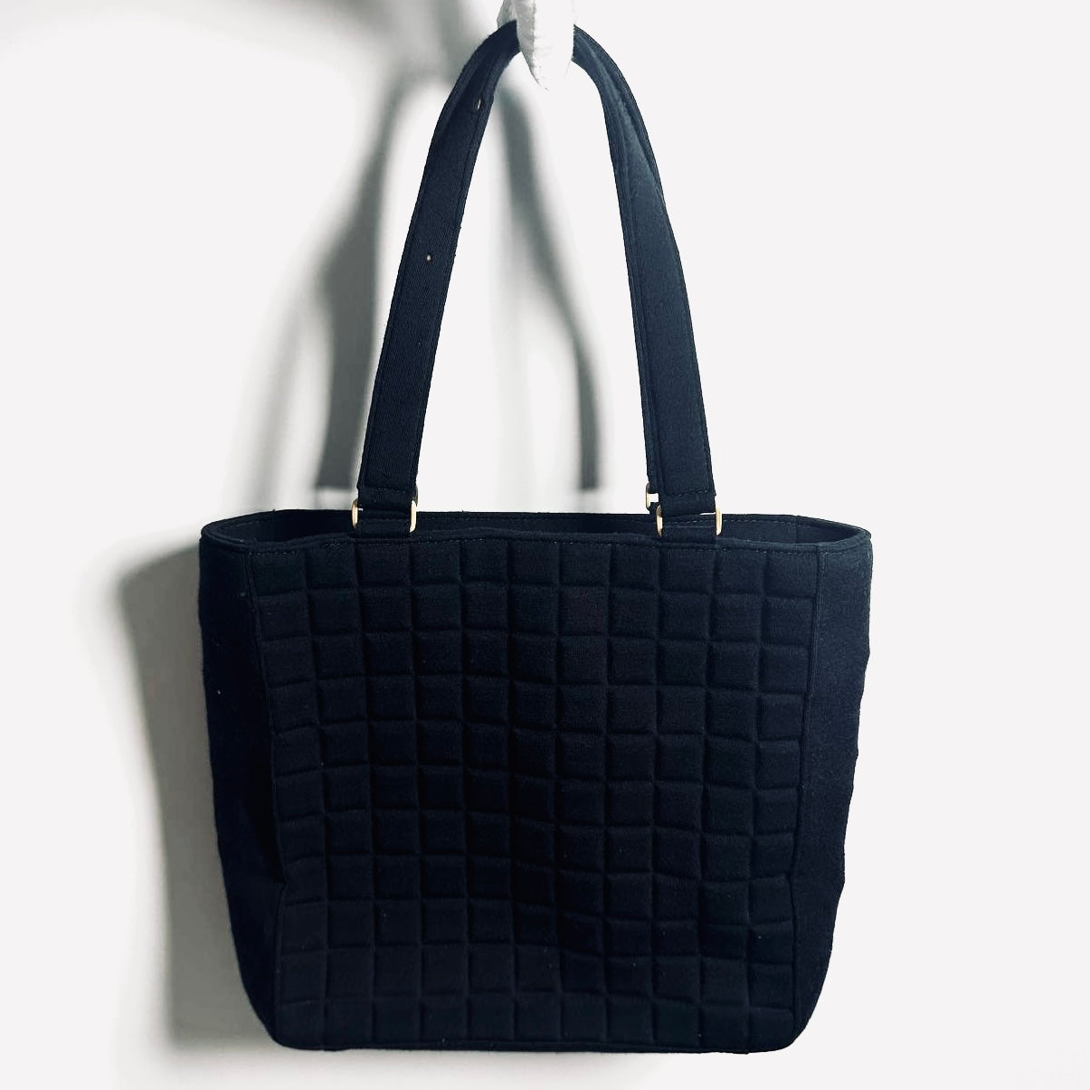 Chanel Black GHW Giant CC Monogram Logo Chocolate Bar Quilted Jersey Fabric Vintage Shopper Shoulder Tote Bag 7s