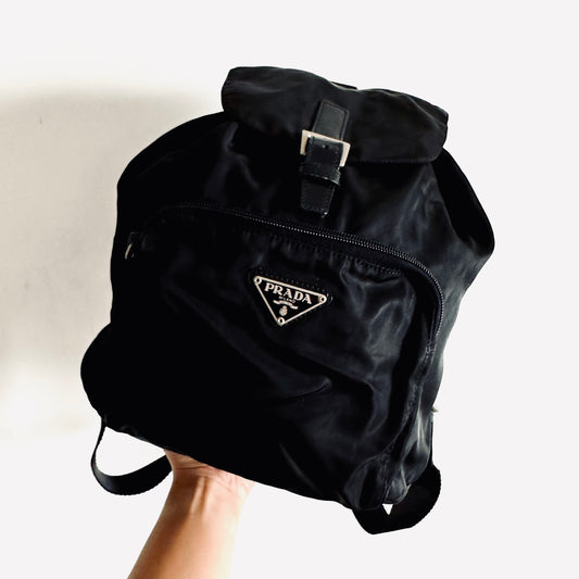Prada Black Monogram Logo Tessuto Classic Nylon & Leather Drawstring Backpack Bag