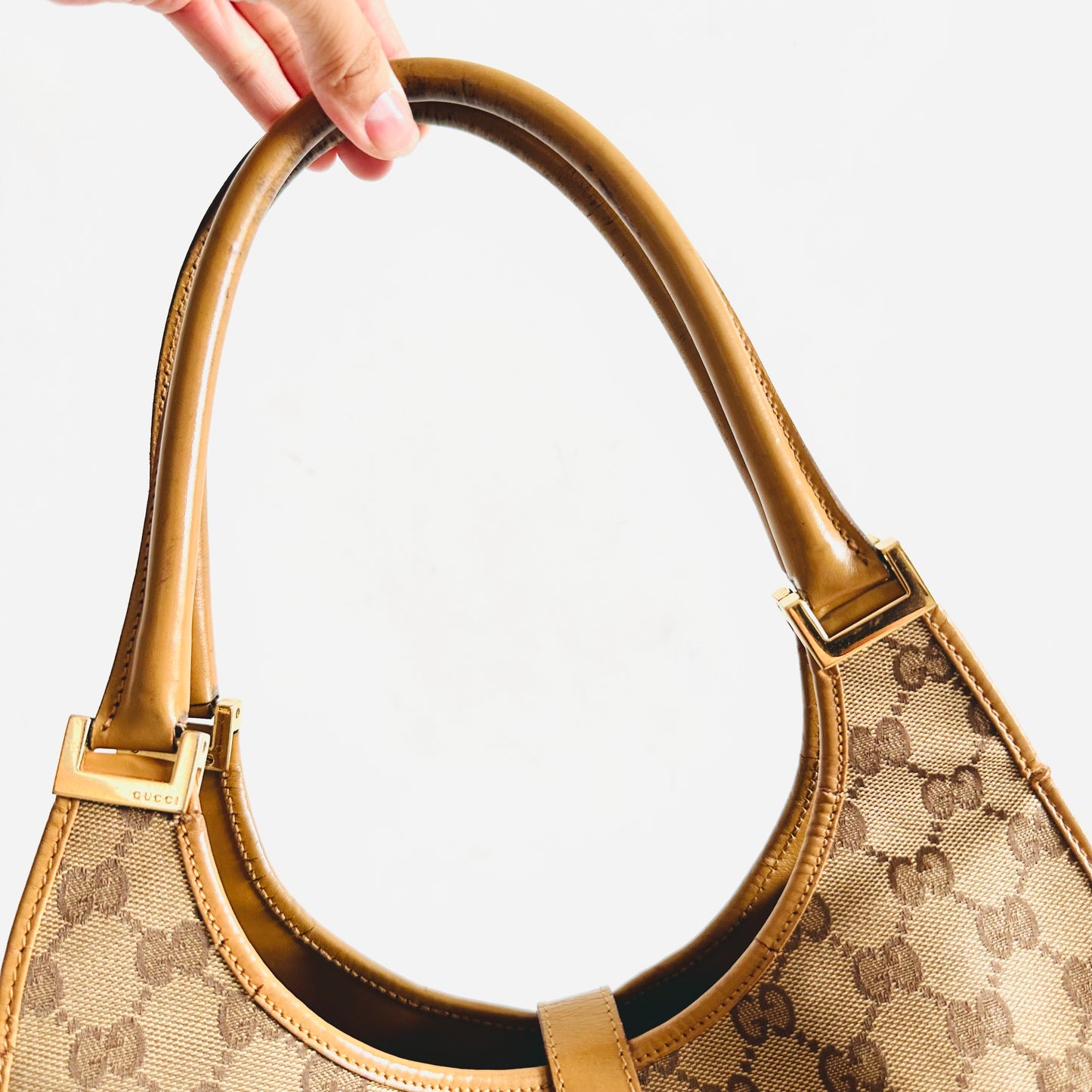 Gucci Beige / Caramel Brown GHW Jackie GG Monogram Logo Baguette Hobo Shoulder Bag