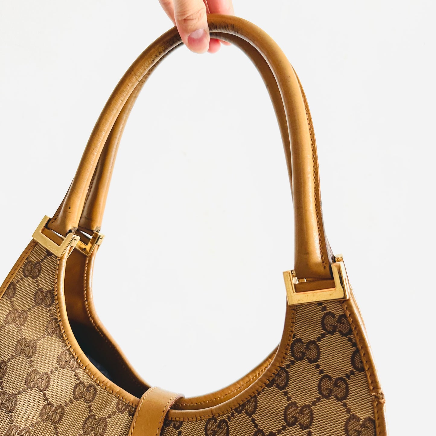 Gucci Beige / Caramel Brown GHW Jackie GG Monogram Logo Baguette Hobo Shoulder Bag