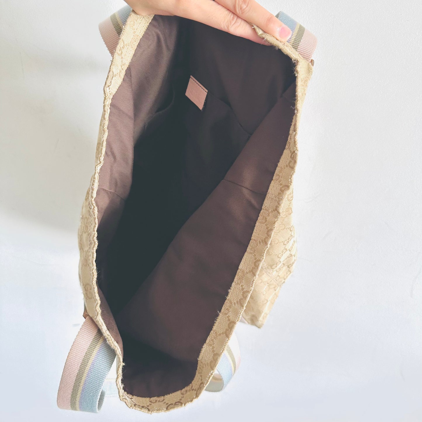 Gucci Beige / Pink Supreme Web Striped Straps GG Monogram Logo Shopper Shoulder Tote Bag