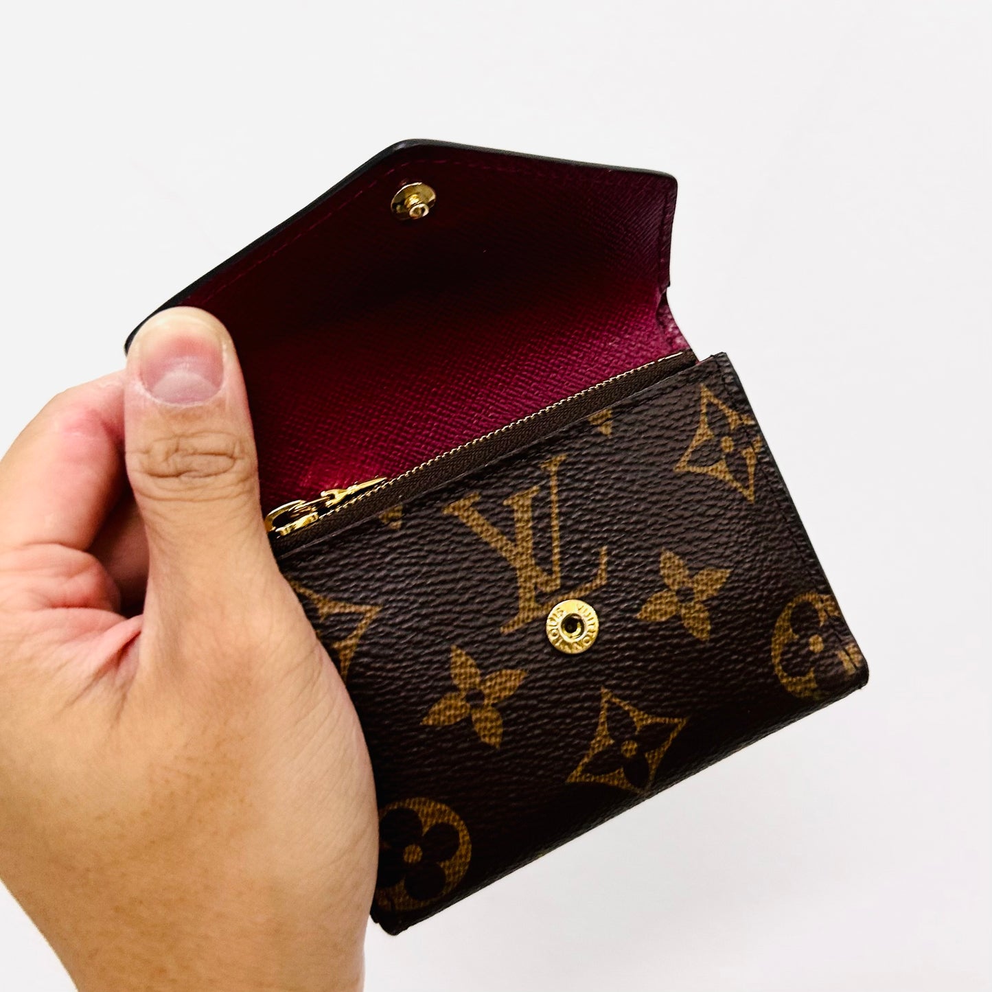 Louis Vuitton LV Zoe Monogram Logo & Fuchsia Leather GHW Classic Logo Flap Compact Trifold Wallet