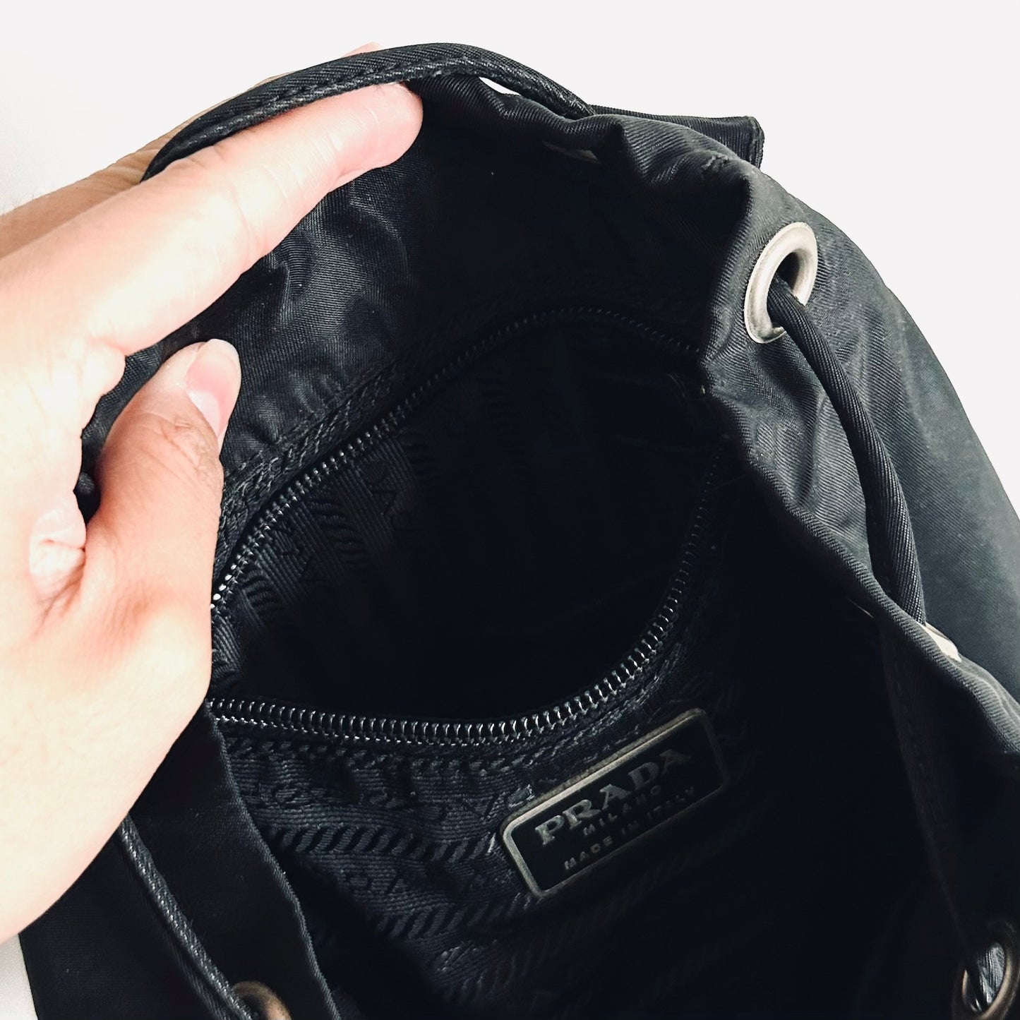 Prada Black Monogram Logo Tessuto Classic Nylon & Leather Drawstring Backpack Bag