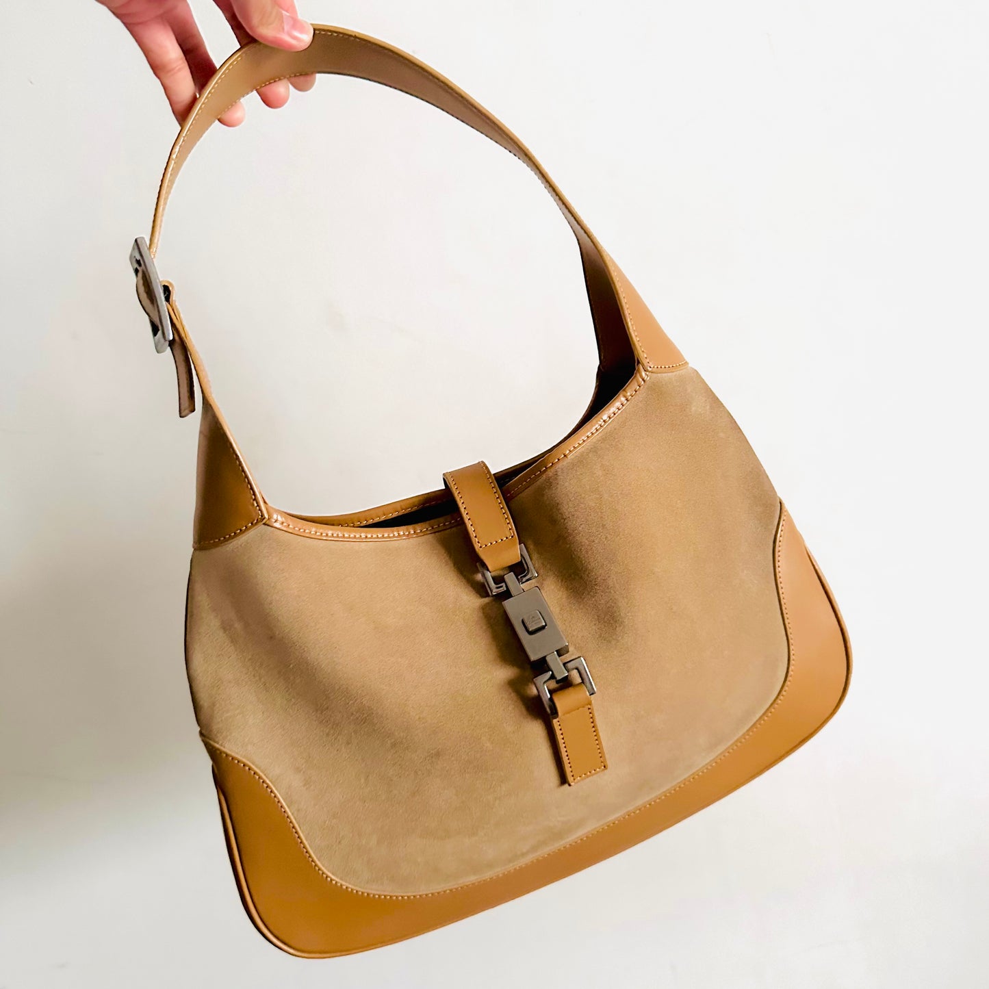 Gucci Jackie Caramel Brown Suede & Leather Monogram Logo Flap Vintage Hobo Shoulder Bag