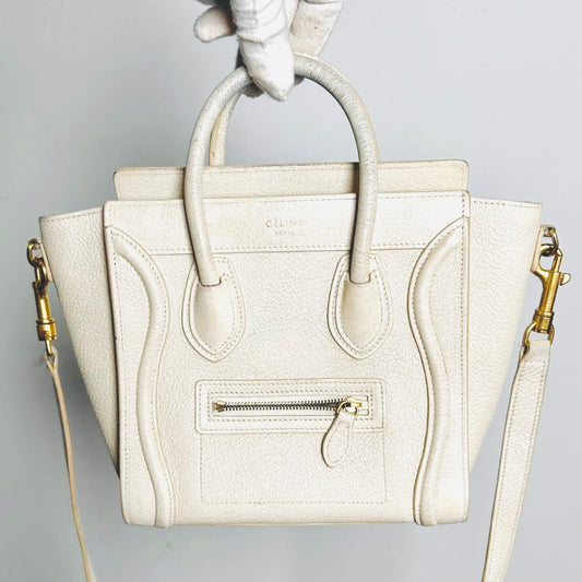 Celine Nano Luggage White GHW Grained Calfskin Monogram Logo 2-Way Top Handle Shoulder Sling Bag