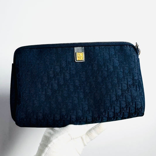 Christian Dior CD Navy Blue GHW Oblique Monogram Logo Clutch Case Pouch