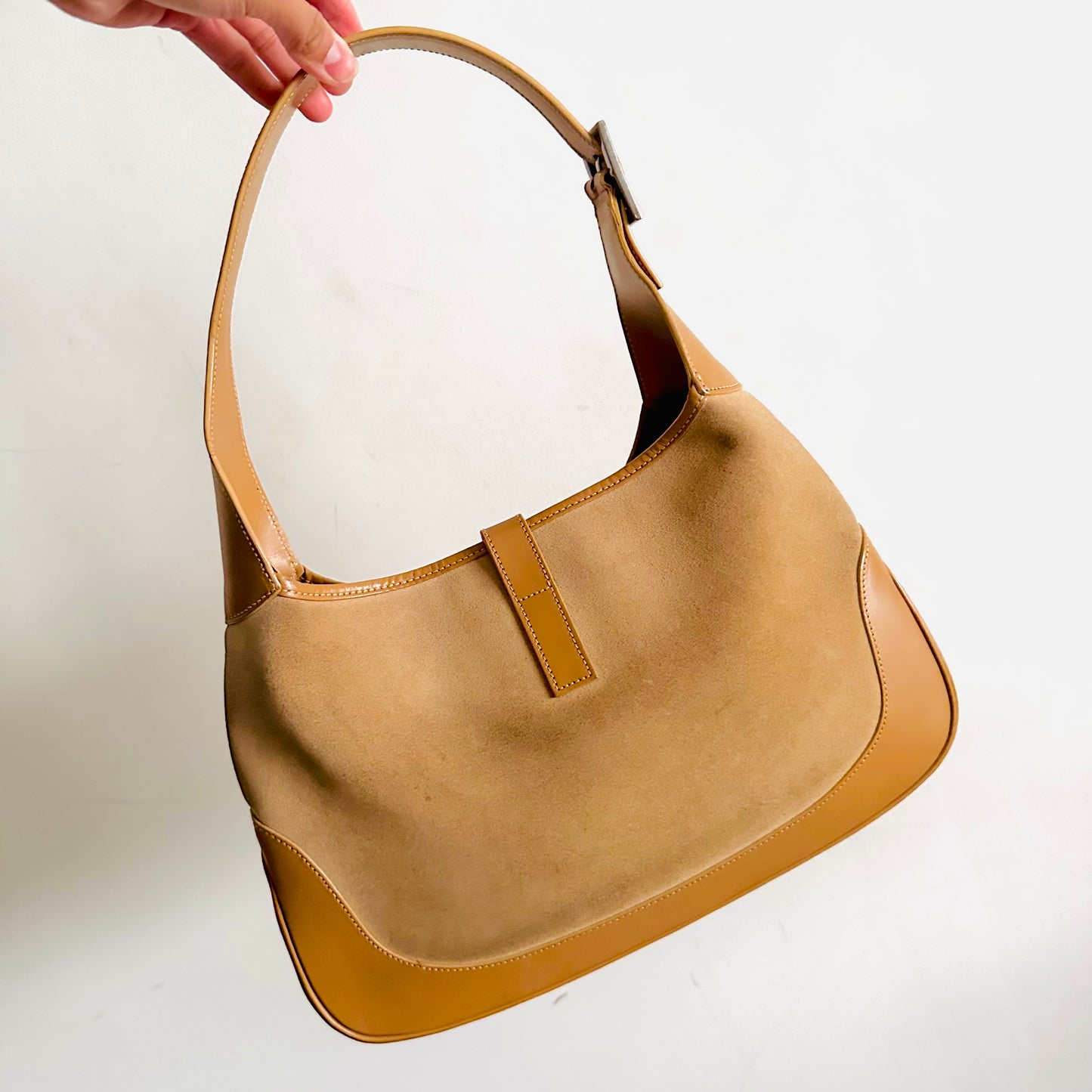 Gucci Jackie Caramel Brown Suede & Leather Monogram Logo Flap Vintage Hobo Shoulder Bag