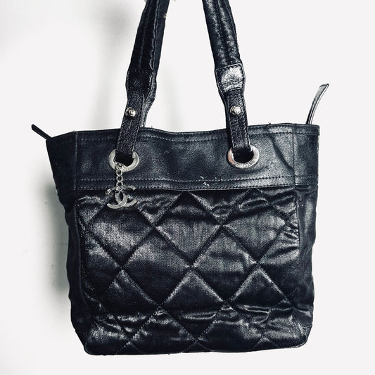 Chanel Black Paris Biarritz PM CC Monogram Logo Quilted Jersey & Leather Shopper Shoulder Tote Bag 11s