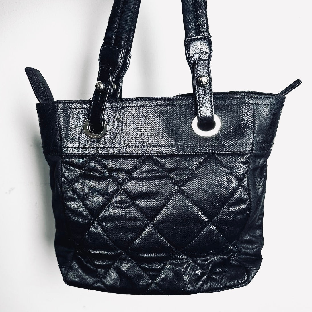 Chanel Black Paris Biarritz PM CC Monogram Logo Quilted Jersey & Leather Shopper Shoulder Tote Bag 11s