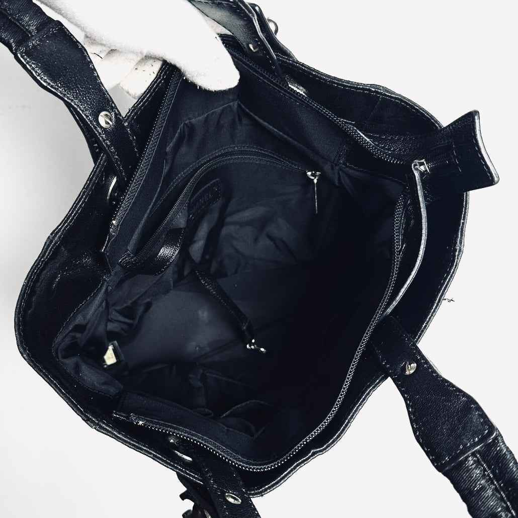 Chanel Black Paris Biarritz PM CC Monogram Logo Quilted Jersey & Leather Shopper Shoulder Tote Bag 11s