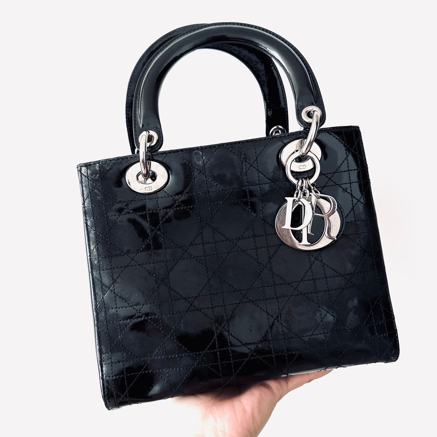 Christian Dior CD Medium Lady Dior 2-Way Black Cannage Quilted Patent Leather Top Handle Shopper Shoulder Sling Tote Bag