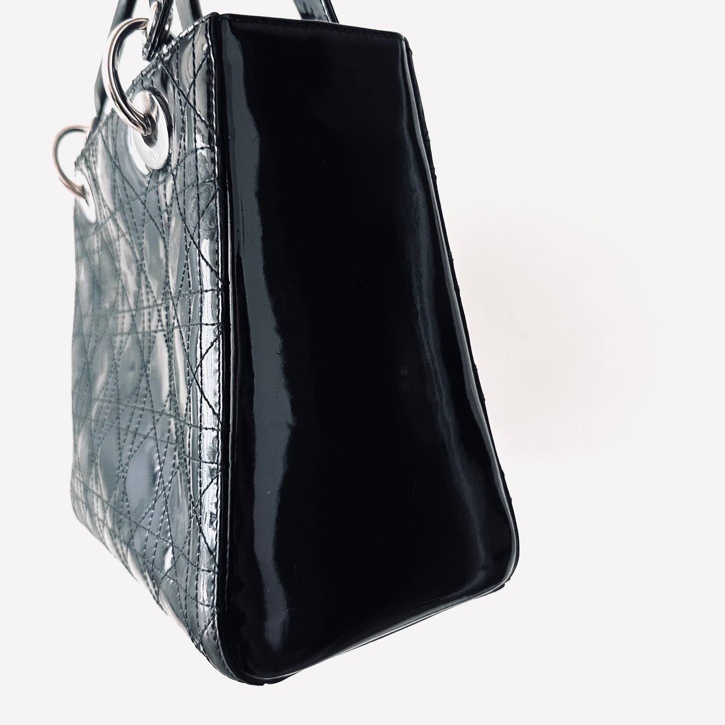 Christian Dior CD Medium Lady Dior 2-Way Black Cannage Quilted Patent Leather Top Handle Shopper Shoulder Sling Tote Bag