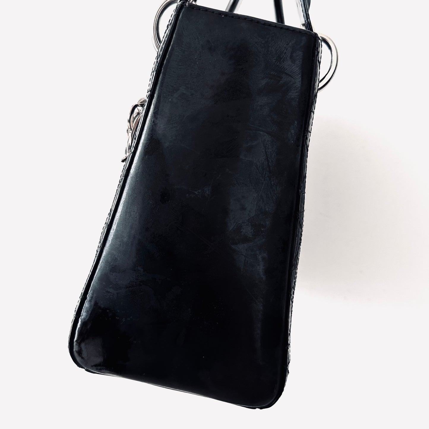 Christian Dior CD Medium Lady Dior 2-Way Black Cannage Quilted Patent Leather Top Handle Shopper Shoulder Sling Tote Bag