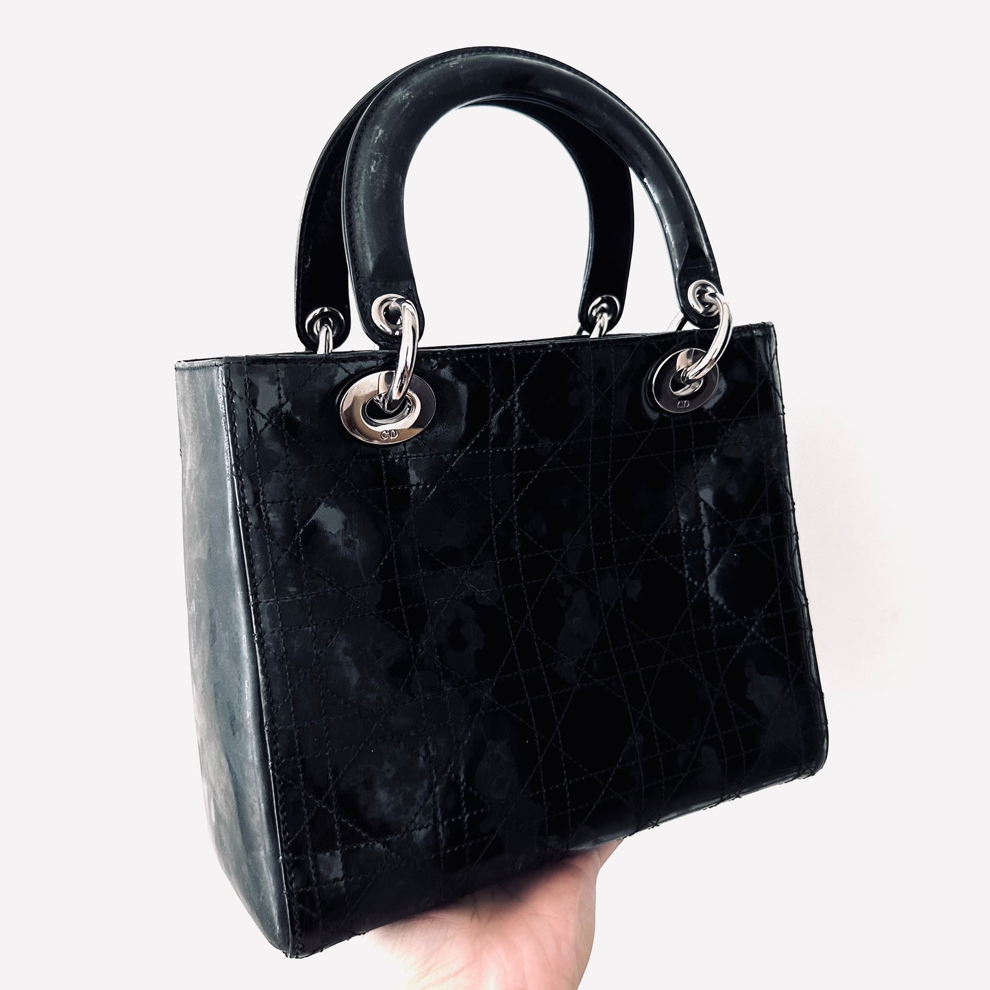 Christian Dior CD Medium Lady Dior 2-Way Black Cannage Quilted Patent Leather Top Handle Shopper Shoulder Sling Tote Bag