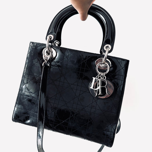 Christian Dior CD Medium Lady Dior 2-Way Black Cannage Quilted Patent Leather Top Handle Shopper Shoulder Sling Tote Bag