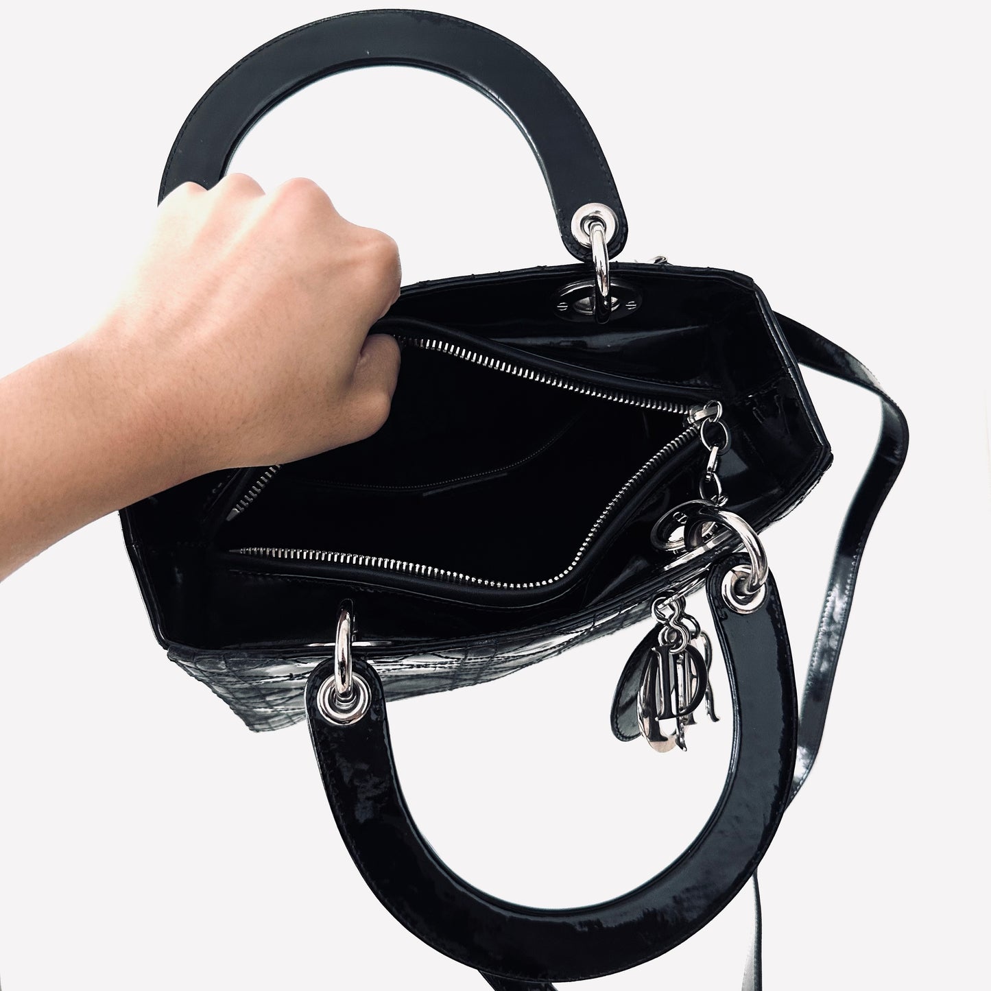 Christian Dior CD Medium Lady Dior 2-Way Black Cannage Quilted Patent Leather Top Handle Shopper Shoulder Sling Tote Bag