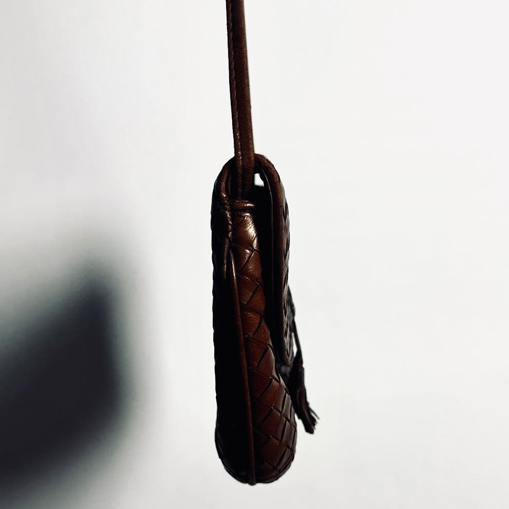 Bottega Veneta BV Dark Brown GHW Intrecciato Nappa Woven Leather Tassel Flap Mini Shoulder Sling Vintage Bag