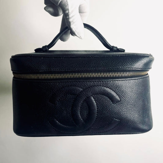 Chanel Black GHW Caviar Giant CC Logo Wide Horizontal Vanity Case Vintage Top Handle Bag 4s