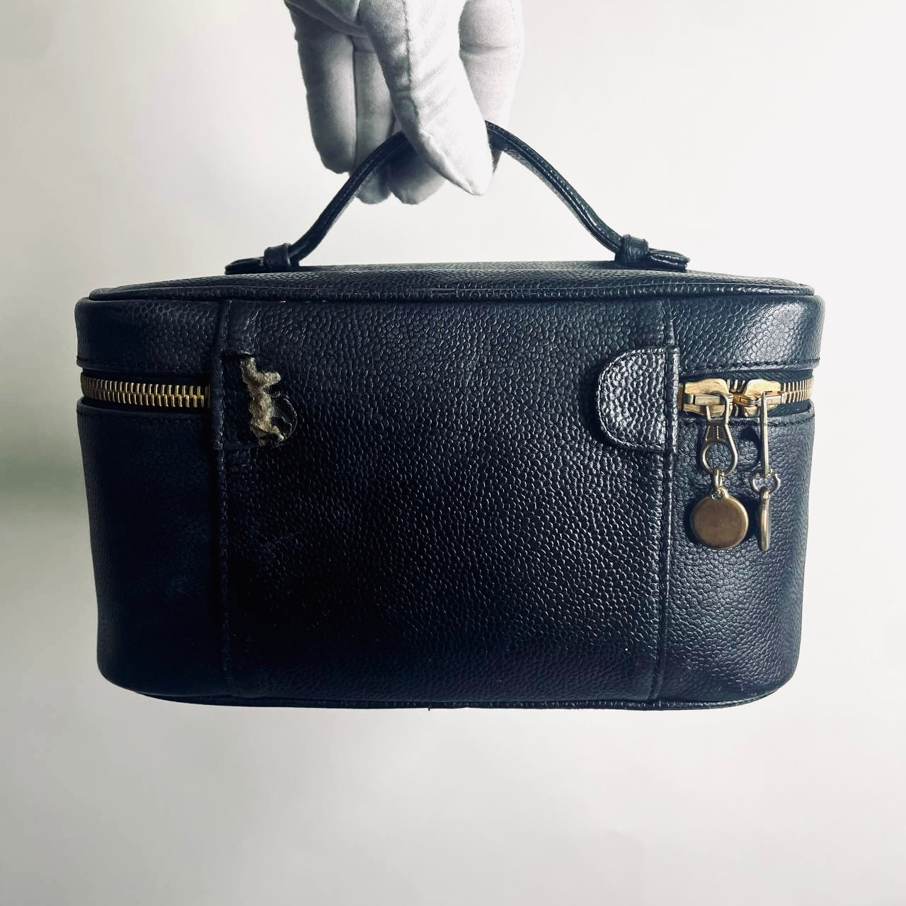 Chanel Black GHW Caviar Giant CC Logo Wide Horizontal Vanity Case Vintage Top Handle Bag 4s