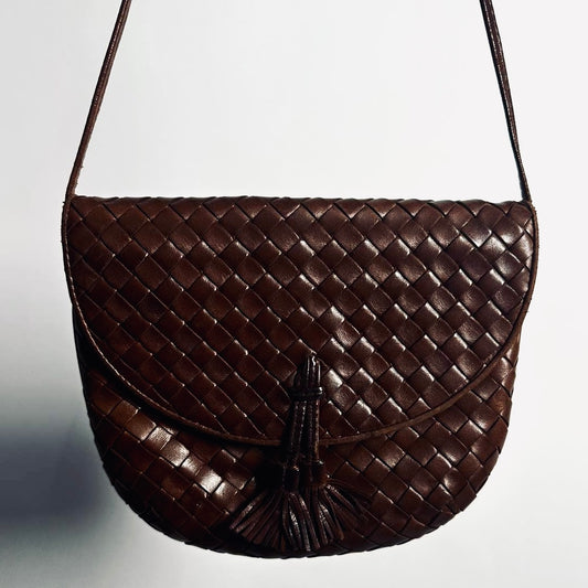Bottega Veneta BV Dark Brown GHW Intrecciato Nappa Woven Leather Tassel Flap Mini Shoulder Sling Vintage Bag