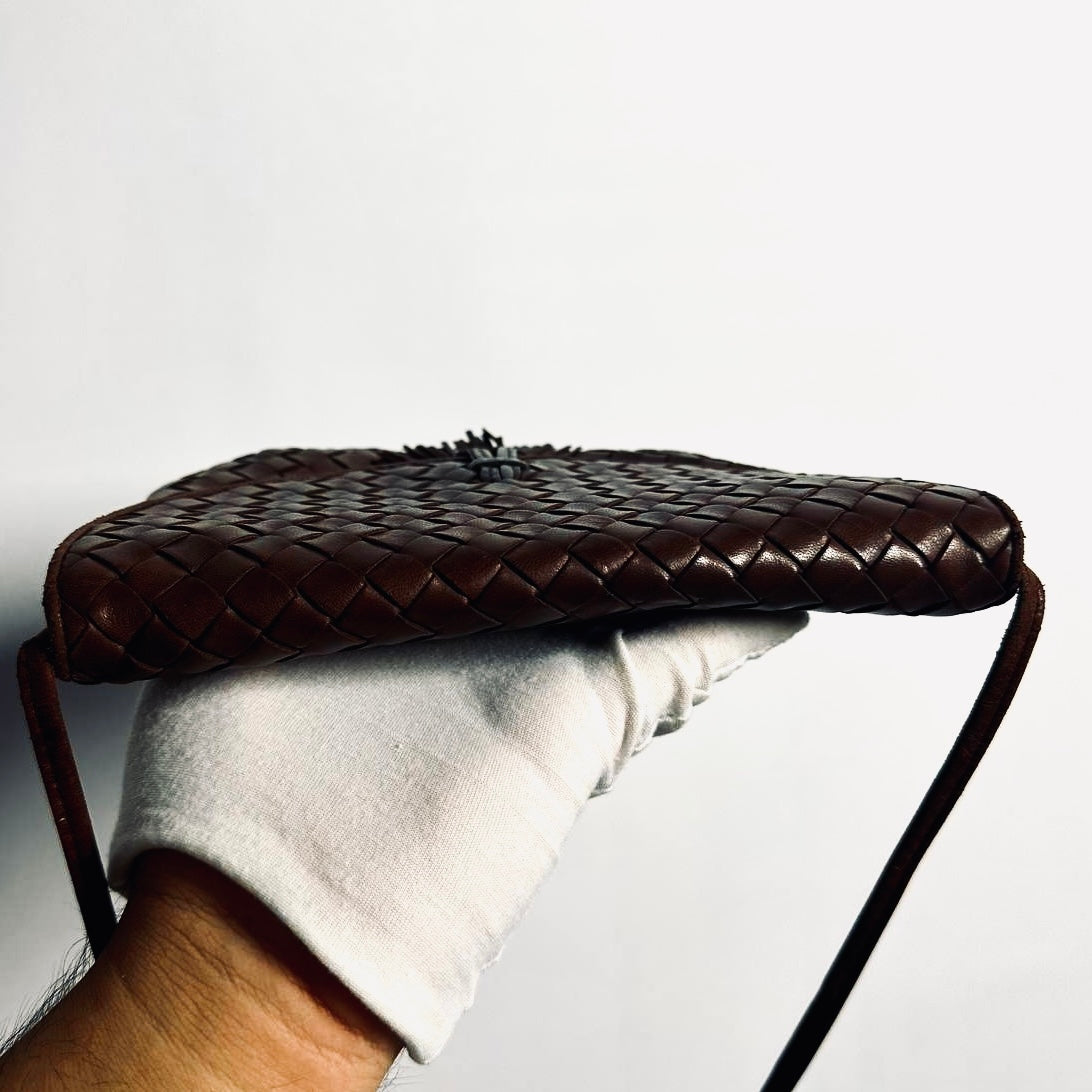 Bottega Veneta BV Dark Brown GHW Intrecciato Nappa Woven Leather Tassel Flap Mini Shoulder Sling Vintage Bag