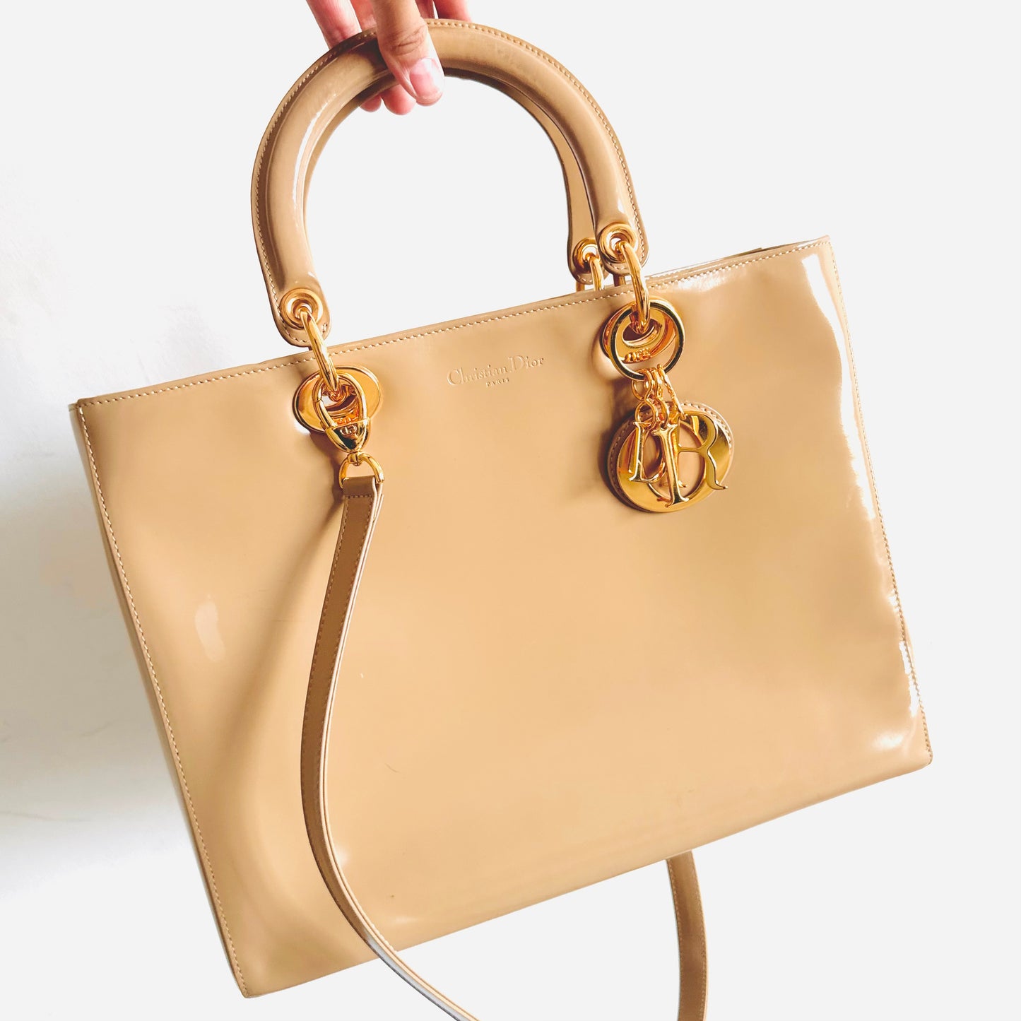 Christian Dior CD Beige GHW Large Lady Dior Patent Leather Shoulder Sling Top Handle Vintage Bag