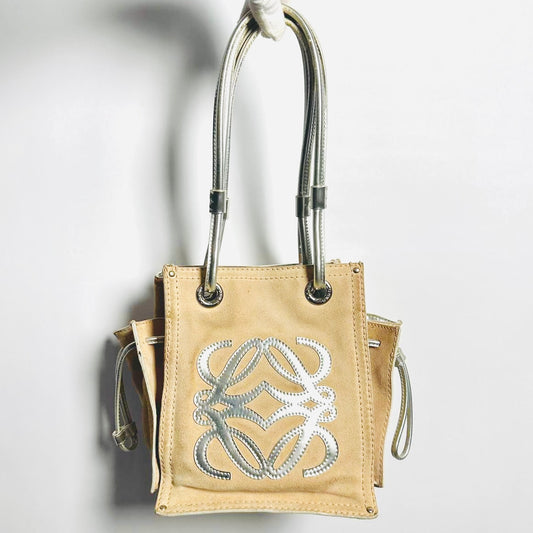 Loewe Taupe Beige Giant Silver Anagram Logo Monogram Suede Leather Shopper Shoulder Bucket Tote Bag