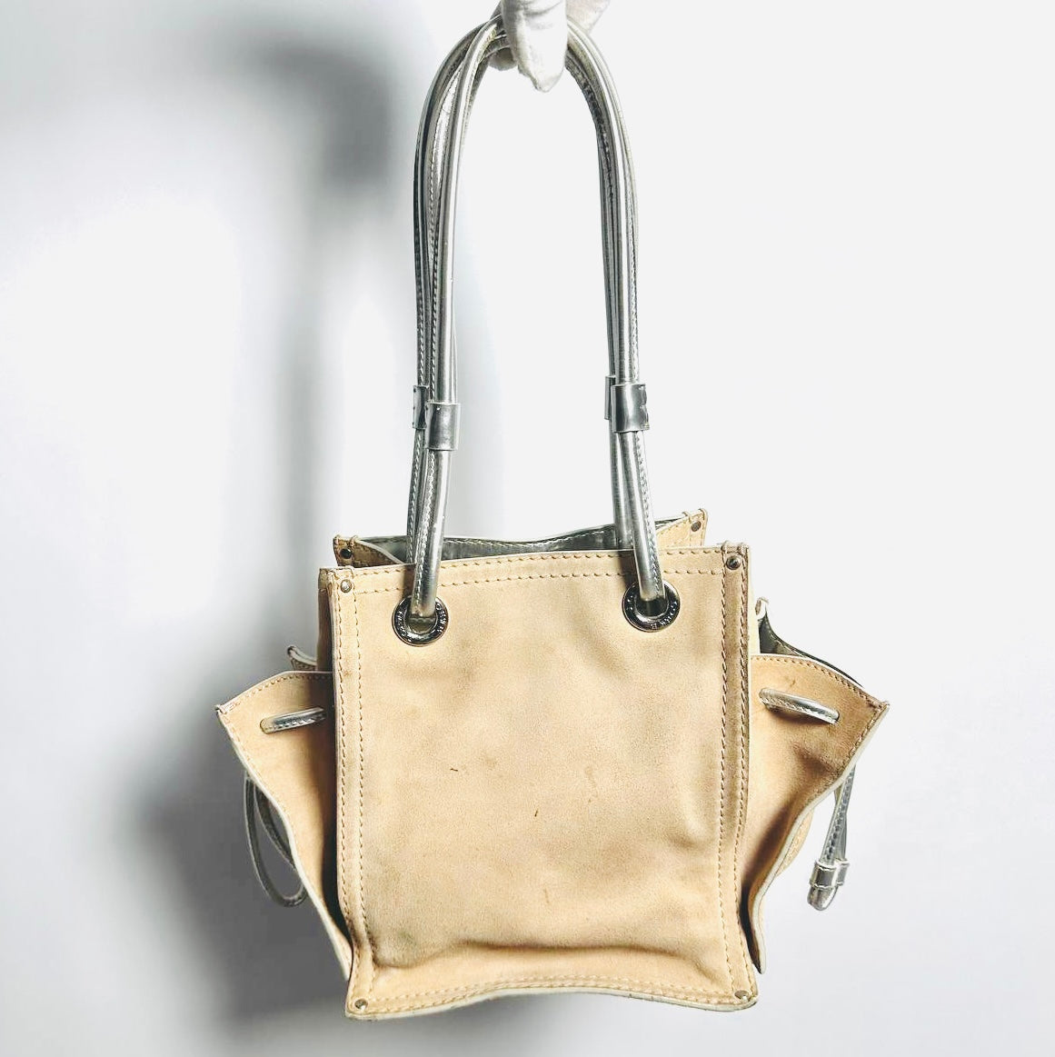 Loewe Taupe Beige Giant Silver Anagram Logo Monogram Suede Leather Shopper Shoulder Bucket Tote Bag