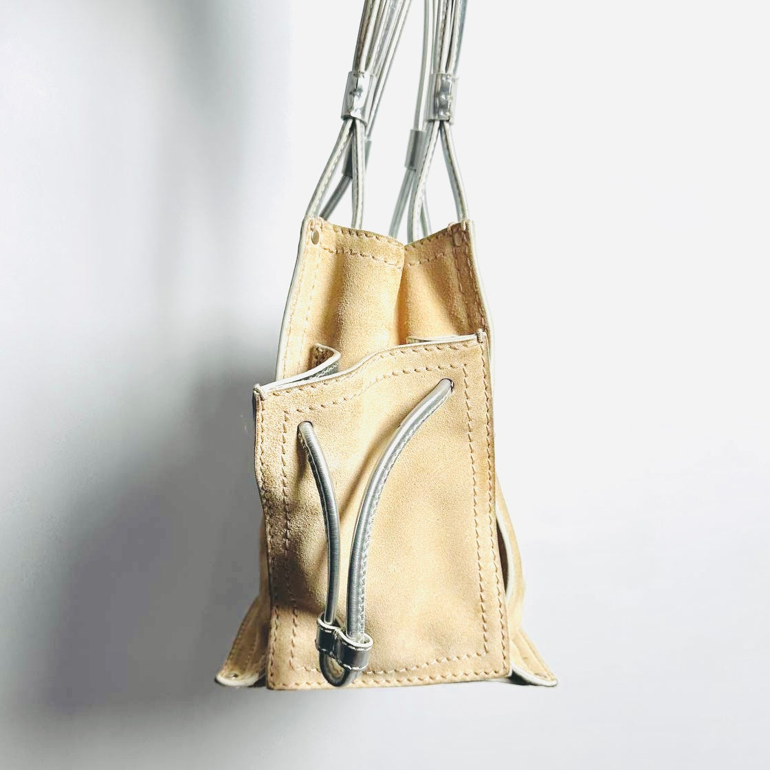 Loewe Taupe Beige Giant Silver Anagram Logo Monogram Suede Leather Shopper Shoulder Bucket Tote Bag